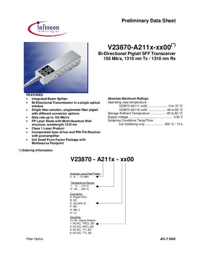 Infineon V23870-A211x-xx00 BIDI Pigtail SFF Transceiver Datasheet - cover page
