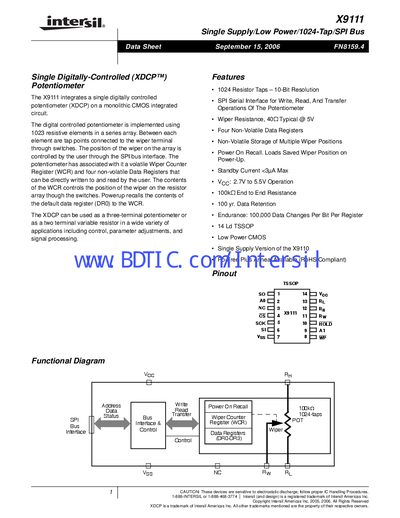Intersil X9111 Digitally Controlled Potentiometer Datasheet - cover page