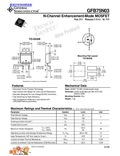 General Semiconductor GFB75N03 N-Channel Enhancement-Mode MOSFET Datasheet - cover page