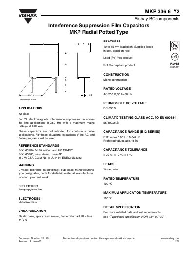 Vishay MKP 336 6 Y2 Interference Suppression Film Capacitor Datasheet - cover page