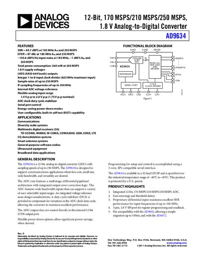 Analog Devices AD9634 12-Bit ADC Datasheet - cover page