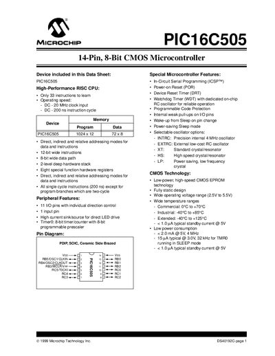 Microchip PIC16C505 Datasheet - cover page