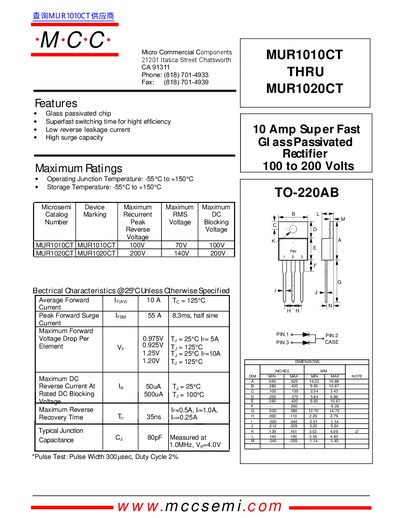 Micro Commercial Components MUR1010CT thru MUR1020CT Datasheet - cover page