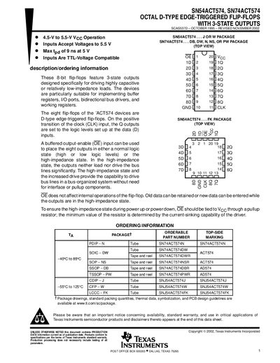 Texas Instruments SN54ACT574 / SN74ACT574 Octal D-Type Flip-Flop Datasheet - cover page