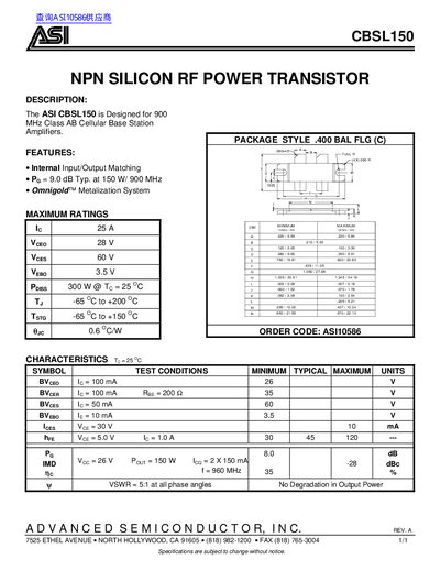 ASI CBSL150 NPN Silicon RF Power Transistor Datasheet