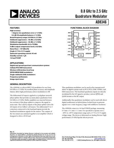Analog Devices AD8346 Quadrature Modulator Datasheet - cover page