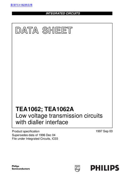 Philips TEA1062/TEA1062A Low Voltage Transmission Circuits Datasheet - cover page