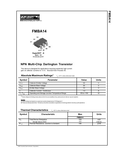 Fairchild FMBA14 NPN Multi-Chip Darlington Transistor Datasheet - cover page