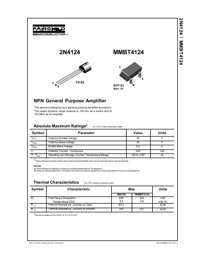 Fairchild 2N4124/MMBT4124 NPN General Purpose Amplifier Datasheet - cover page