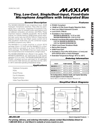 Maxim MAX9812/MAX9813 Microphone Amplifier Datasheet - cover page