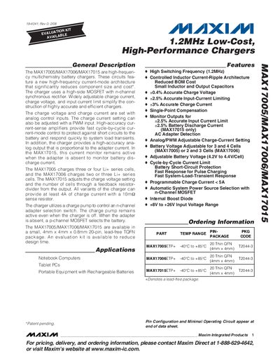 Maxim MAX17005/MAX17006/MAX17015 1.2MHz Low-Cost High-Performance Chargers Datasheet - cover page