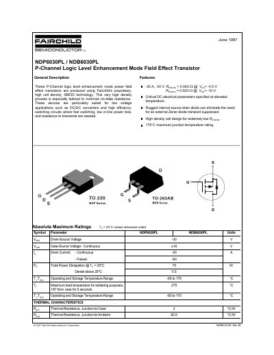 Fairchild NDP6030PL/NDB6030PL P-Channel Logic Level Enhancement Mode FET Datasheet - cover page