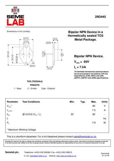 SEME LAB 2N3445 Bipolar NPN Device in a Hermetically sealed TO3 Metal Package. Manual - cover page