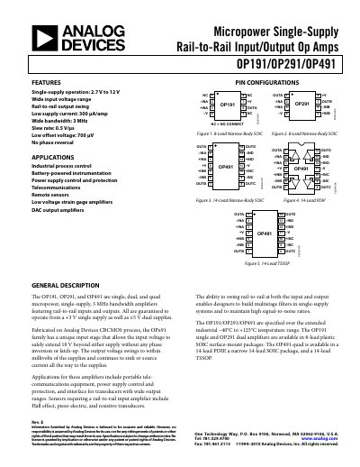 Analog Devices OP191 Op Amp Datasheet - cover page