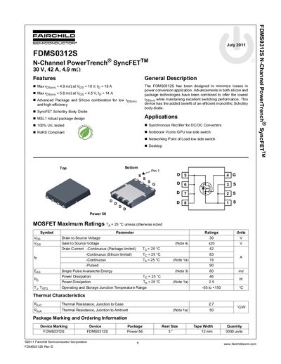 Fairchild FDMS0312S 30V 42A MOSFET Datasheet - cover page