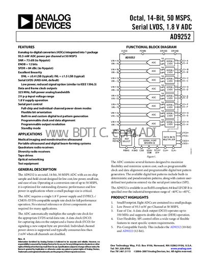 Analog Devices AD9252 14‑Bit 50 MSPS ADC Datasheet - cover page