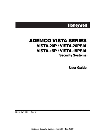 Honeywell VISTA-20P/VISTA-20PSIA/VISTA-15P/VISTA-15PSIA Security System User Guide - cover page