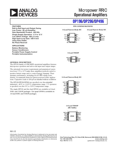 Analog Devices OP196/OP296/OP496 Operational Amplifier Datasheet - cover page