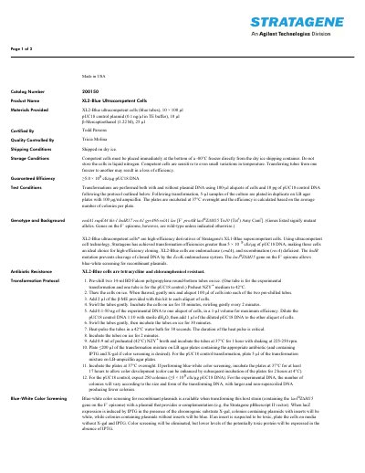 Stratagene XL2-Blue Ultracompetent Cells Product Insert - cover page