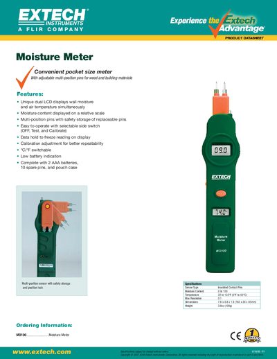 EXTECH MO100 Moisture Meter Product Datasheet