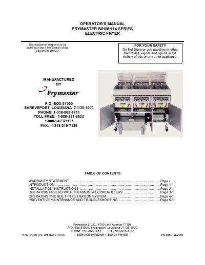 Frymaster BIH/MH14 Series Electric Fryer Operator's Manual - cover page