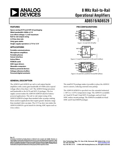 Analog Devices AD8519/AD8529 Operational Amplifier Datasheet - cover page
