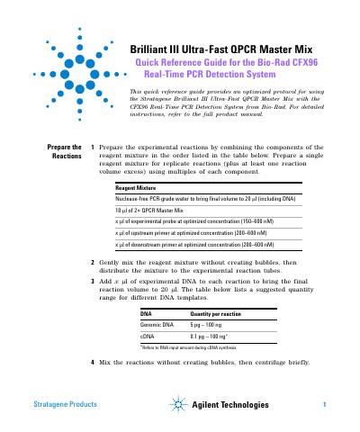 Agilent Brilliant III Ultra-Fast QPCR Master Mix Quick Reference Guide for the Bio-Rad CFX96 Real-Time PCR Detection System Manual - cover page