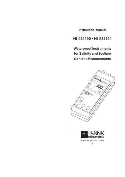 Hanna Instruments HI 931100/HI 931101 Waterproof Salinity and Sodium Meters Instruction Manual - cover page