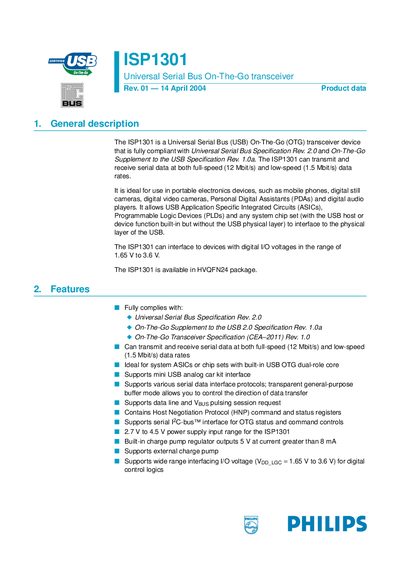 Philips ISP1301 USB OTG Transceiver Datasheet - cover page