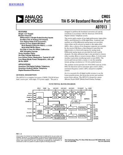 Analog Devices AD7013A CMOS TIA IS-54 Baseband Receive Port Datasheet - cover page