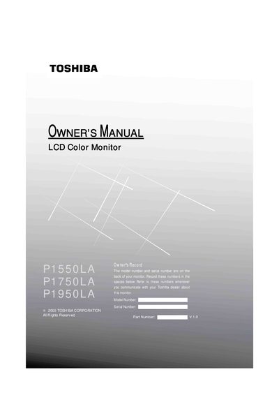 Toshiba P1550LA/P1750LA/P1950LA LCD Color Monitor Owner's Manual - cover page