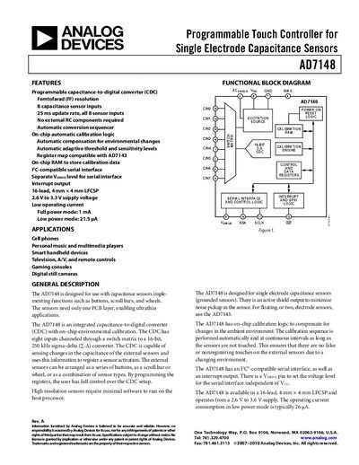 Analog Devices AD7148 Capacitive Touch Controller Datasheet