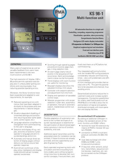 PMA KS 98-1 Multi-function Unit Product Leaflet - cover page