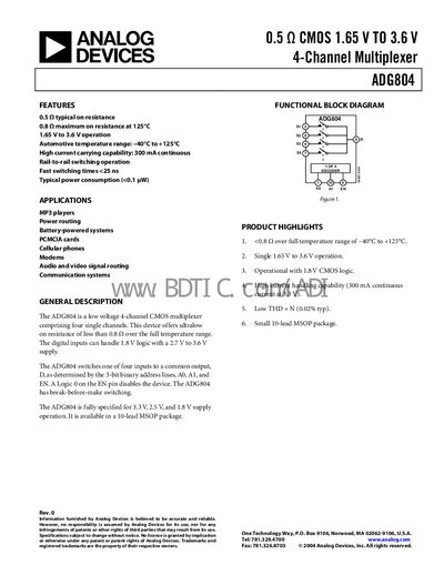 Analog Devices ADG804 4‑Channel CMOS Multiplexer Datasheet - cover page