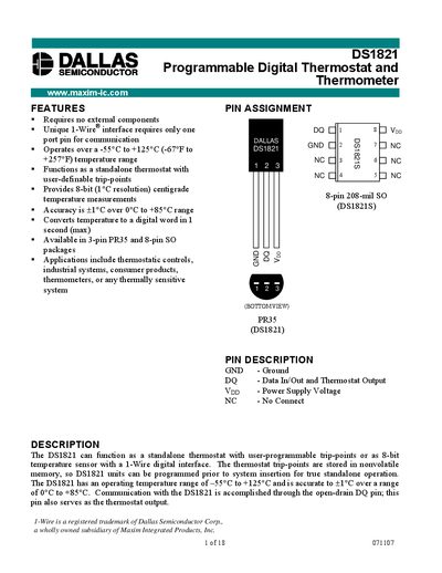 Dallas DS1821 Programmable Digital Thermostat Datasheet - cover page