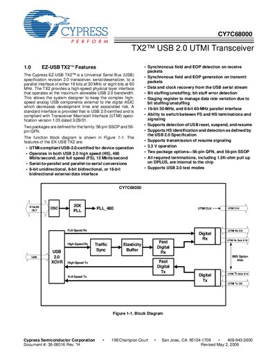 Cypress CY7C68000 TX2 USB 2.0 UTMI Transceiver Datasheet