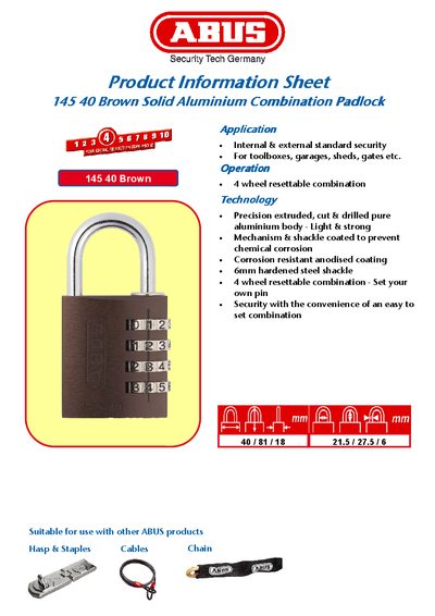 ABUS 145 40 Brown Solid Aluminium Combination Padlock Product Information Sheet - cover page