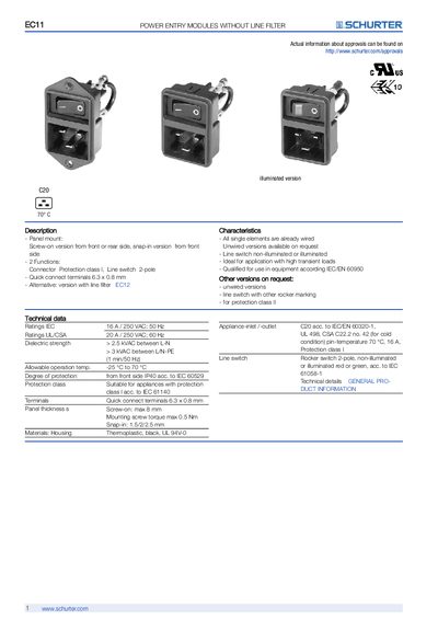 SCHURTER EC11 Power Entry Modules Without Line Filter Handbook - cover page