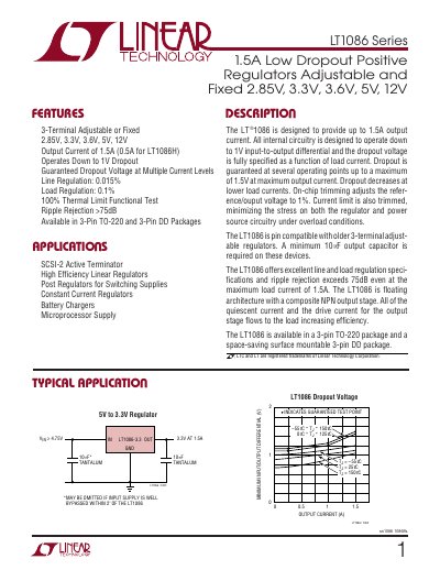 Linear Technology LT1086 1.5A Low Dropout Positive Regulator Datasheet - cover page