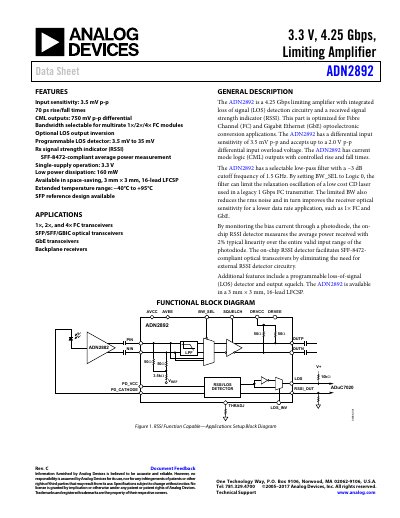 ADN2892 Limiting Amplifier Data Sheet - cover page