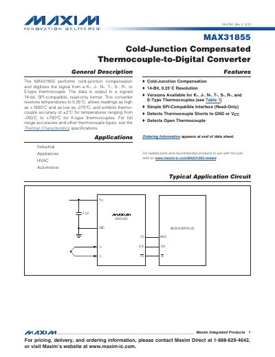 Maxim MAX31855 Thermocouple-to-Digital Converter Datasheet - cover page