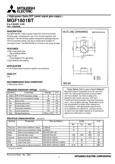 Mitsubishi Electric MGF1801BT GaAs FET Datasheet - cover page