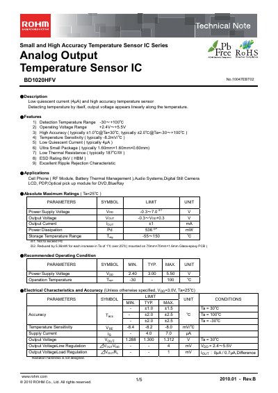 ROHM BD1020HFV Temperature Sensor IC Technical Note - cover page