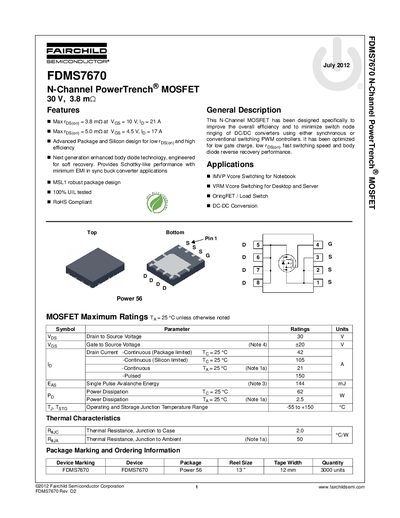 Fairchild Semiconductor FDMS7670 N-Channel PowerTrench MOSFET Datasheet