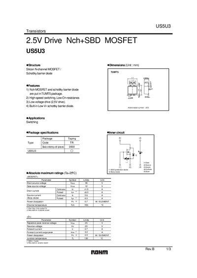 Rohm US5U3 N‑Channel MOSFET & Schottky Diode Datasheet