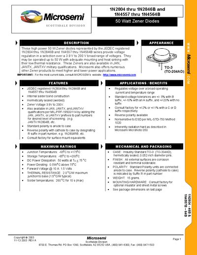 Microsemi 1N2804‑1N2846B and 1N4557‑1N4564B Zener Diode Handbook - cover page