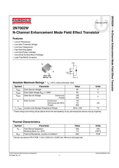 Fairchild Semiconductor 2N7002W N-Channel Enhancement Mode FET Datasheet - cover page