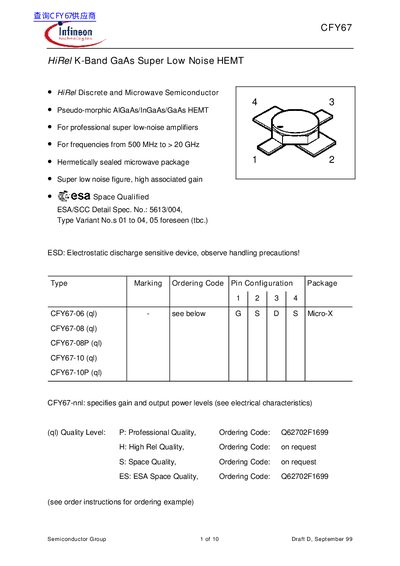 Infineon CFY67 K-Band GaAs Super Low Noise HEMT Datasheet - cover page