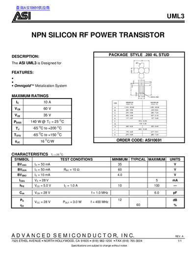 ASI UML3 NPN Silicon RF Power Transistor Datasheet - cover page