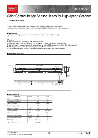 ROHM LSH1208-BA50A Color Contact Image Sensor Heads Data Sheet - cover page